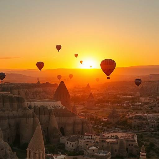 Kapadokya'da gün doğumunda yükselen sıcak hava balonları ve peri bacalarının eşsiz manzarası