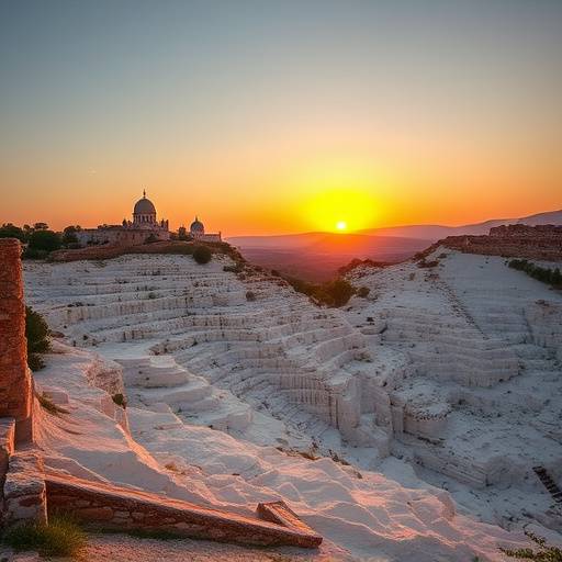 Pamukkale'nin bembeyaz travertenleri üzerinde güneşin batışı ve antik Hierapolis şehri